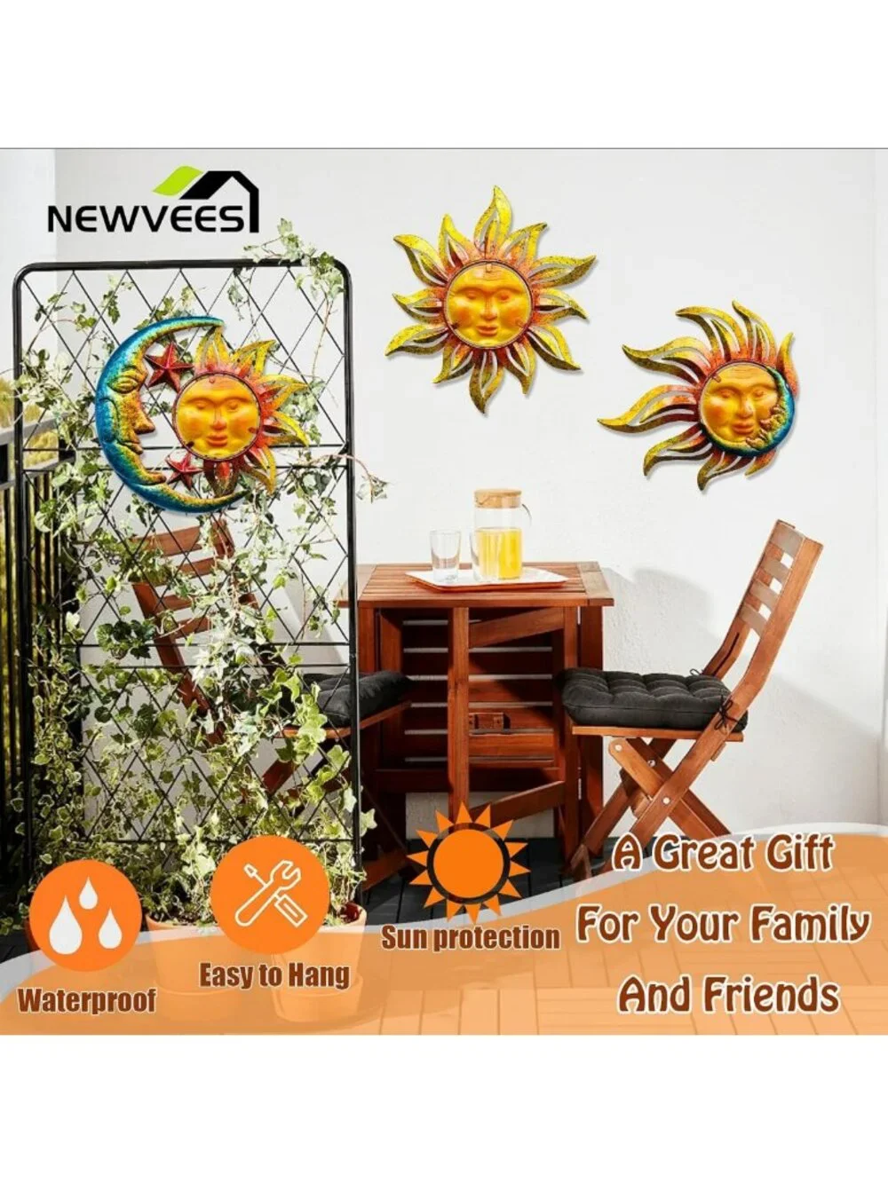 Sun Face Metal Wall Art Décor - Outdoor Indoor Hanging Sculptures for Garden
